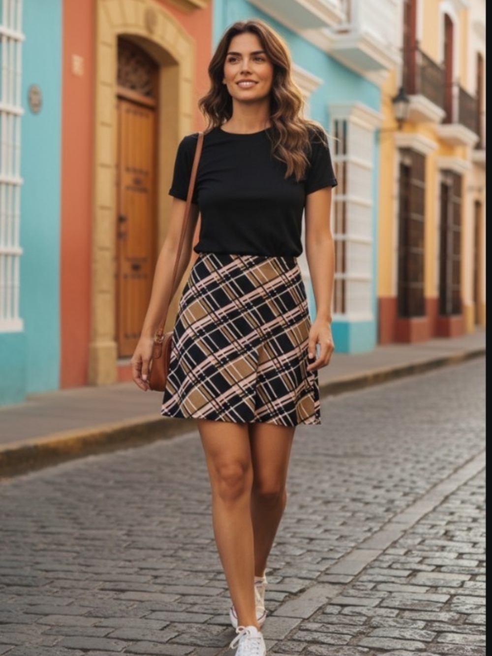 New York And Company Black and Tan Plaid A-Line Skirt SZ M